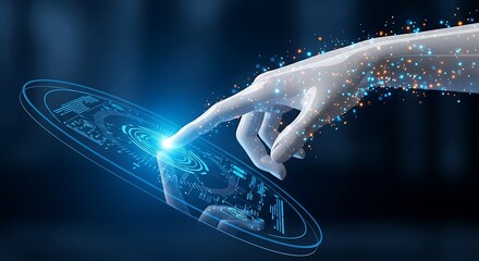 Futuristic hand touching digital interface in technological display