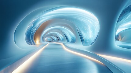 Abstract futuristic tunnel with blue and white glowing lights creating a modern architectural design