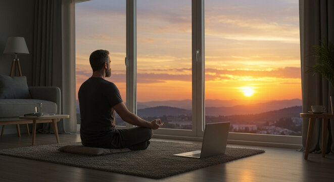 Man meditating on floor mat by large window at sunset - Powered by Adobe