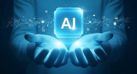 Human hands holding glowing ai symbol for artificial intelligence concept
