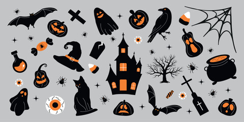 Halloween Icons Flat Silhouette set with Spooky Festive symbols elements. Collection Stickers Scary Holiday October 31. Vector Illustration Halloween Сastle, Pumpkin, Witch Hat, Spider Web, Bat, Cat.