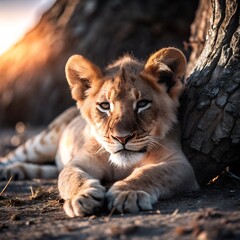 Obraz premium A lion cub rests peacefully near a tree trunk