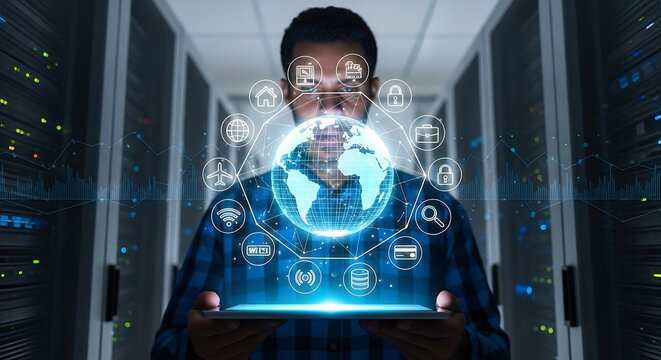 It professional holding tablet with global network icons displayed