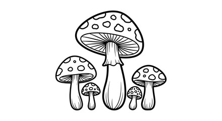 Illustration of a group of spotted mushrooms in various sizes in black and white
