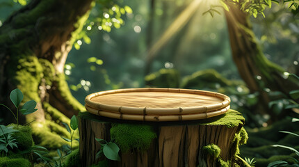 “Wooden Bamboo Tray on Mossy Tree Stump in Forest Light Product Mockup Background”

