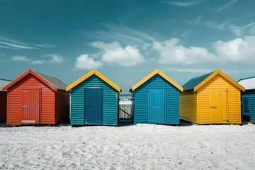 Four colorful beach huts standing on a white sandy beach under a blue sky with some clouds, in cape town, south africa