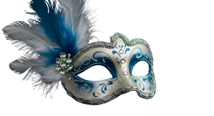 Elegant blue and silver masquerade mask with feathers isolated on transparent background