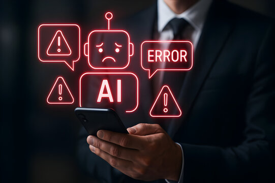Businessman Holding Smartphone in Dark Office with Glowing Red Holographic Icons Representing AI Error and Futuristic Tech Warning Signals