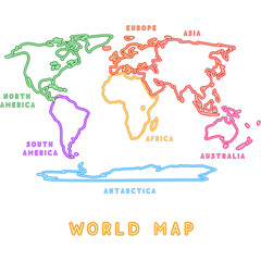 Naklejka premium World Map Neon Continents with Text. Vector Glowing Art Illustration of Geographical Shape. Geography and Cartography. Led Lamp Object.
