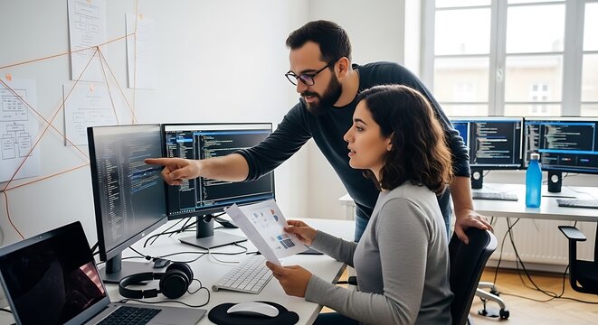 Two software engineers collaborating on code in modern office