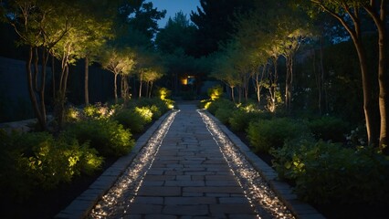 A stone-paved garden pathway at night, lit by small, ambient ground lights. The path is lined with dense bushes and flowers, with tall trees looming over, casting gentle shadows across the walkway.


