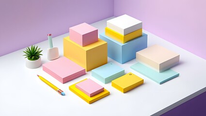 Pastel aesthetic office desk setup with sticky notes and stationery flat lay concept