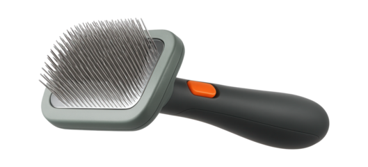 Self-cleaning slicker brush that easily removes loose hair from pets in a residential loft.