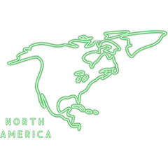 North America Map Neon Silhouette. Glowing Art Illustration of Geographical Shape. Geography and Cartography. Led Lamp Continent Object with Text.