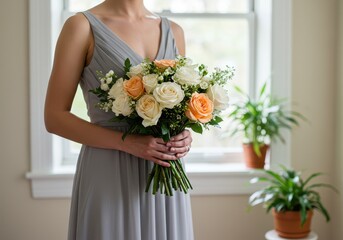 Woman in gray dress holding a bouquet of peach and white roses near a window in a bright room