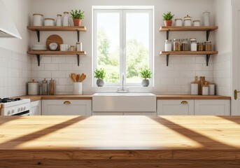 Bright kitchen interior with wooden countertop and shelves filled with various containers and plants