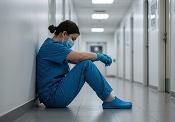 Healthcare worker in scrubs sitting on floor in hospital hallway with a face mask and blue gloves