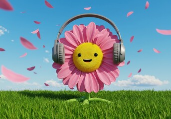 A cheerful flower with headphones standing on a green field under a bright sky with falling petals