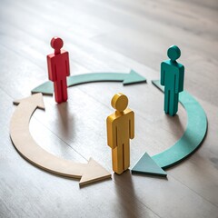 Three diverse figures in a circular flow representing teamwork and collaboration