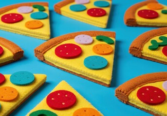 Felt pizza slices with colorful toppings arranged on a vibrant light blue surface in a playful manner