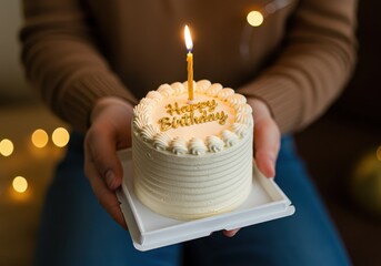 Person holding a small birthday cake with a single candle and happy birthday decoration on top