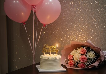 Celebration still life with cake balloons and flowers for a special occasion event party