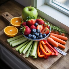 A vibrant assortment of fresh fruits and vegetables including strawberries blueberries oranges carrots cucumber and red bell pepper arranged on a wooden board