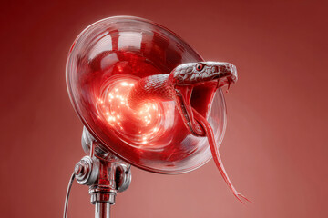 Snake emerging from glowing red loudspeaker with open mouth and fangs symbolizing danger aggression and media manipulation