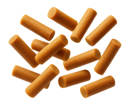 Peanut butter-flavored dog training treats, extruded into small sticks, for rewarding pets in an urban apartment.