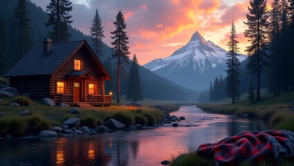 Cozy Cabin by a Mountain River at Sunset