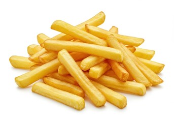Pile of golden fried potatoes on a plain surface, showcasing a classic and tasty fast food treat