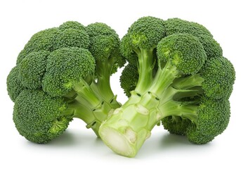 Close up of two broccoli florets with green buds and thick stalks on a bright white surface