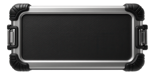 Waterproof case with a reinforced aluminum frame for protecting electronic devices on construction sites.