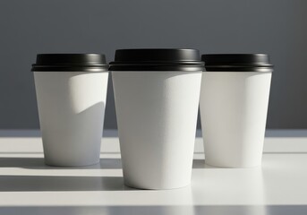Three paper cups with lids on a white surface in a well lit environment for a beverage product