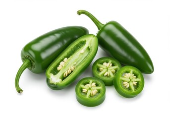 A close up view of several green jalapeno peppers, some whole and some sliced, on a light surface