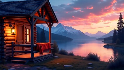 Cozy log cabin by a serene lake at sunset