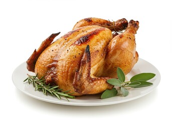 Roasted fowl on a white plate with rosemary and sage ready to be served for a delicious meal time