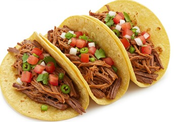 Three tacos filled with shredded meat and toppings arranged on a plain white surface view from above