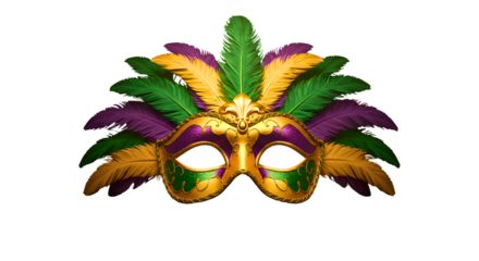 Ornate mardi gras mask with purple green and gold feathers isolated on transparent background