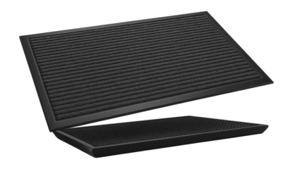 A large commercial-grade scraper doormat, designed to withstand heavy foot traffic at the entrance of a public building.