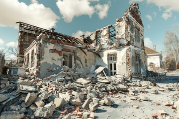 Crumbling house under a cloudy sky, showing the devastating impact of a natural disaster or war