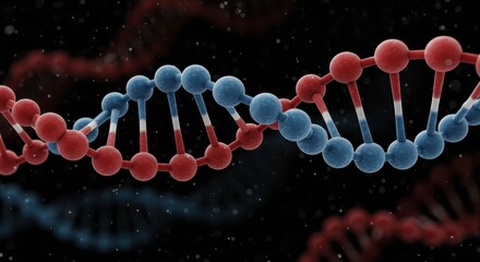Dna structure model with alternating red and blue spheres connected by white rods in dark space