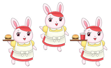 ウサギのハンバーガーショップ店員のイラストセット