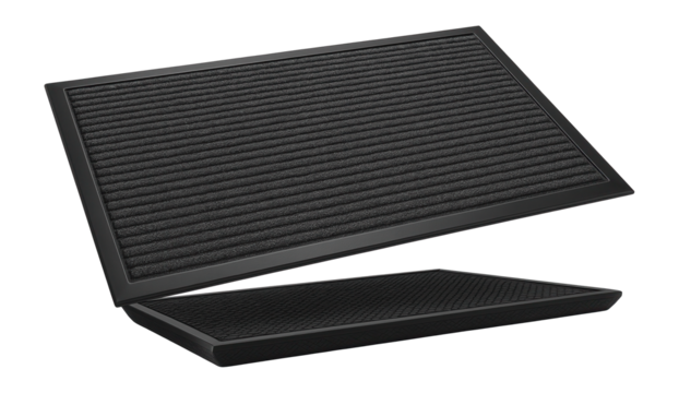 A large commercial-grade scraper doormat, designed to withstand heavy foot traffic at the entrance of a public building.