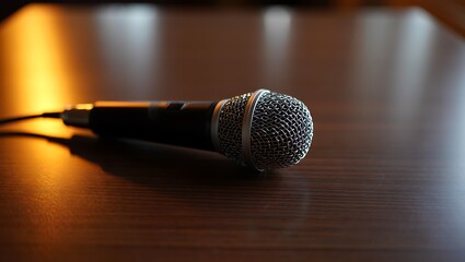 Obraz premium A professional black microphone rests on a polished wooden surface illuminated by warm dramatic lighting creating a moody and focused atmosphere