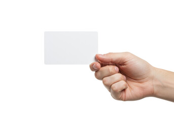 Fototapeta premium Well-manicured, light-skinned adult hand firmly holding a blank transparent rectangular card, isolated on a transparent background with ample copy space. Concept for clean customizable presentation