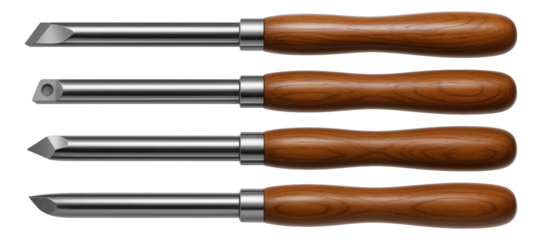 Carbide-tipped turning tool set with wooden handles for a metalworking lathe.