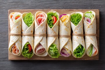 Freshly made wraps with assorted fillings including vegetables and meats, neatly arranged on a wooden board, showcasing vibrant colors and textures for a healthy meal option