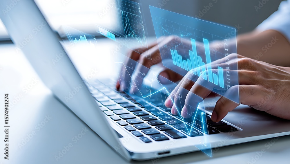 Poster close up of a person s hands typing on a laptop keyboard with a futuristic holographic interface dis