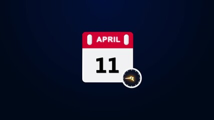 April month 11 date calendar icon animation. Analog calendar design month concept animation 4k video .Calendar appearing with the date April 11. transparent background, chroma key